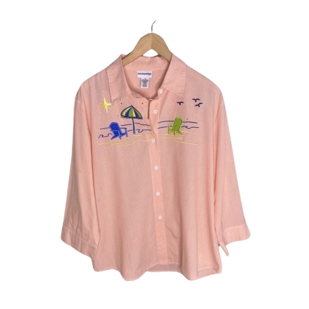 Breckenridge Orange White Gingham Button Down Bling Embroidered Shirt Size XL